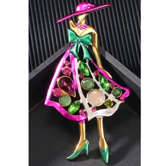 Fun and Sassy Gold Pink Green and Cream Rhinestone Fashion Lady Brooch - Picture 2 of 3